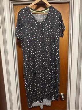 Women’s Gray Polka Dot V-Neck Nightgown with Pink & White Dots Sz L 12-14